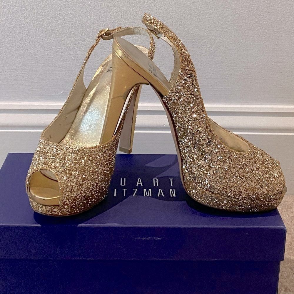 Stuart Weitzman Peep Toe Gold Glitter Shoes